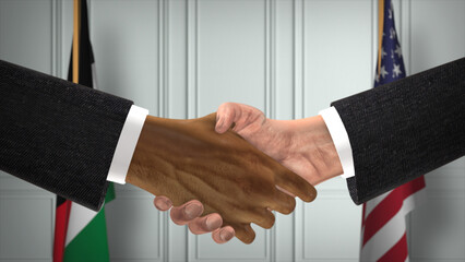 Jordan and USA Partnership Business Deal. National Government Flags. Official Diplomacy Handshake 3D Illustration. Agreement Businessman Shake Hands