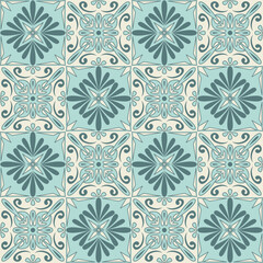 Decorative ceramic tile square shape, trendy blue mint color and ornate arabic pattern, vintage vector illustration