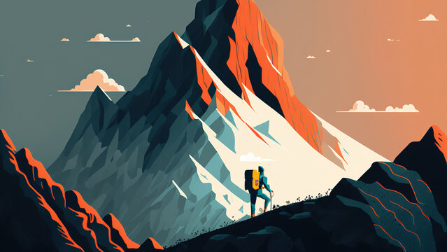 4K Vector image of a man climbing a mountain. Abstract colors, sport
