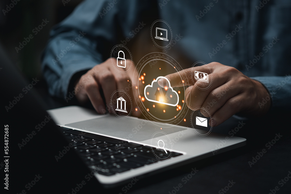 Poster businessman hand touching with cloud computing diagram. cloud technology data storage network and in