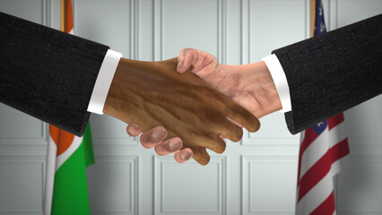 Niger and USA Partnership Business Deal. National Government Flags. Official Diplomacy Handshake 3D Illustration. Agreement Businessman Shake Hands