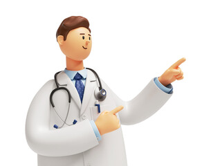 Fototapeta na wymiar 3d render. Doctor cartoon character wearing stethoscope and pointing up. Professional consultation. Medical concept