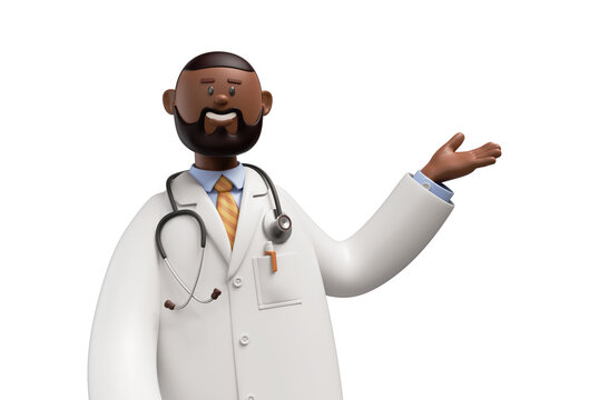 3d render. Happy doctor african cartoon character makes presentation. Professional advice and recommendation.