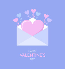 Happy Valentines day greeting card. Envelope with big heart inside and hearts on stems around on a purple background. Flat vector illustration