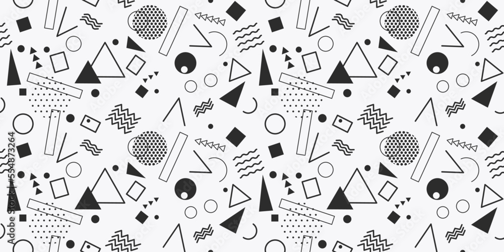 Poster Black stylish retro memphis. Vector seamless pattern for print and seamless packaging, pillows, textiles, wallpapers, notebooks, cups. Memphis  seamless pattern.
