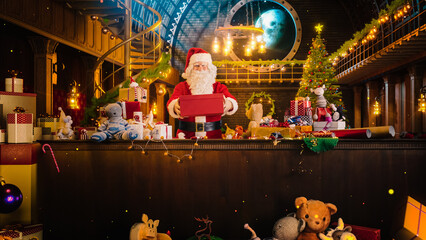 Wide Shot of Santa Claus in His Studio Workshop: Wrapping and Packing Christmas Gifts for all the...