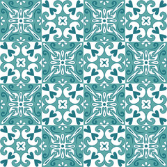 Decorative ceramic tile mosaic square shape, trendy green mint white ornate arabic pattern, vintage vector illustration