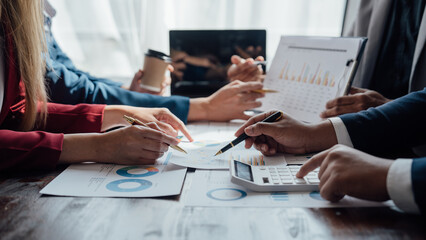 Accounting fund managers meeting to planning to improve quality next year team consultation investment stock market analysis and checking document, investigation of corruption account. anti bribery