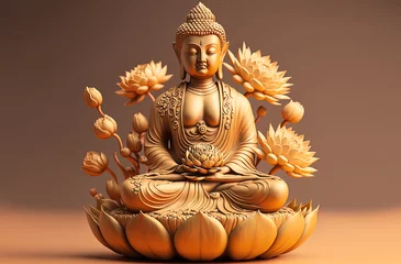 Tuinposter Buddha golden statue decorated with lotus blossoms. Postproducted generative AI digital illustration. © LeArchitecto