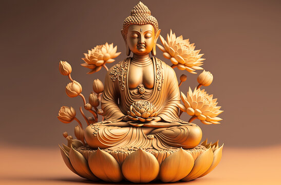 Buddha golden statue decorated with lotus blossoms. Postproducted generative AI digital illustration.