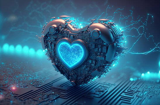 Blue heart shaped as computer circuit board. Postproducted generative AI digital illustration.