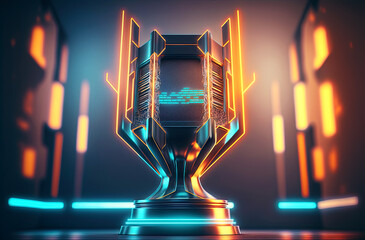 Winner trophy at studio illuminated by neon lights with blurred background. Postproducted generative AI digital illustration. - obrazy, fototapety, plakaty