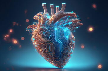 Digital blue heart as artificial cyber computer machine. Postproducted generative AI digital illustration. - obrazy, fototapety, plakaty