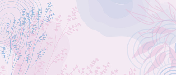Delicate painted background with plant elements and watercolor spots. Vector design in pink and blue tones. Creative frame with a place for text for invitations, banners, web, social networks.