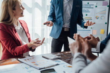 Accounting fund managers meeting to planning to improve quality next year team consultation investment stock market analysis and checking document, investigation of corruption account. anti bribery