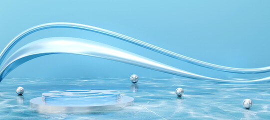 Blue cylinder podium with water surface texture on blue background.  Stand to show products. Fresh ocean water pedestal display with copy space. Banner size. Website cover template. 3D rendering.