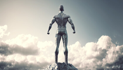 Silver statue of strong man standing on rock and clear sky on background. Postproducted generative AI digital illustration.