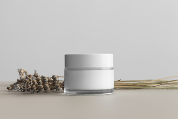 White cosmetic cream jar mockup with a lavender on the beige table.