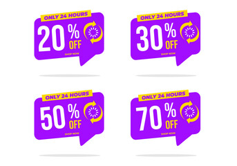 24 Hour Sale banner with 20, 70, 50, 30 percent discount vector illustration