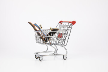 Shopping cart with small toy skateboards inside