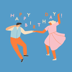 Young people dancing swing dance. Birthday card with happy cartoon characters with text quote happy birthday. Vector illustration - 554876031