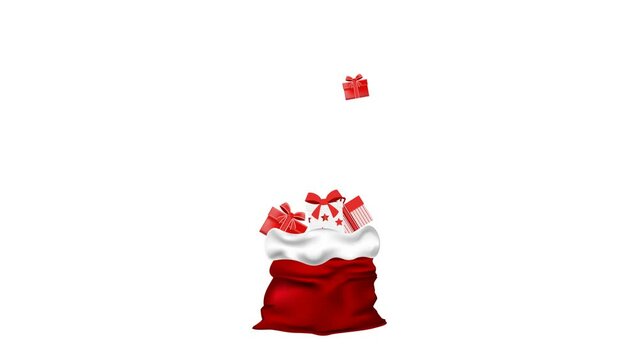 video with flying gifts from a red bag. animation of flying boxes from santa's bag