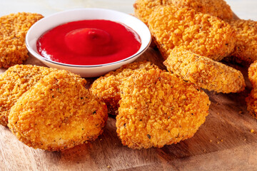 Chicken nuggets with ketchup close-up on a wooden board. A tasty snack with a spicy dip