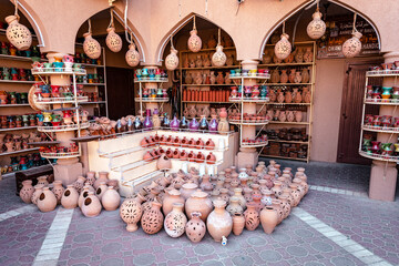Omani Souvenirs. Hand Made Pottery in Nizwa Market. Clay Jars at the Rural Traditional Arabic...