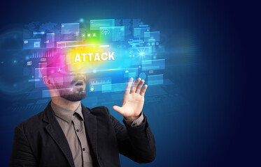 Businessman looking through Virtual Reality glasses