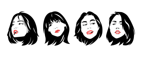 set of beautiful women's faces with short hair. different style, position, hair style, facial gesture. red lips. white background. black and white pop art portrait illustration.