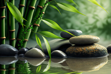 Bamboo and stones in a wellness spa. Generative AI.