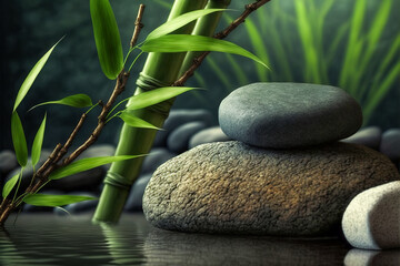 Fototapeta na wymiar Relaxing wellness background with stones and bamboo. Generative AI.