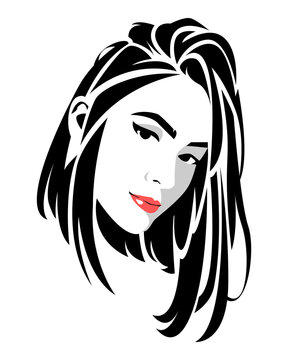 black and white portrait of a young beautiful woman with long hair. abstract hair. isolated white background. for print, poster, sticker, etc. vector flat illustration.