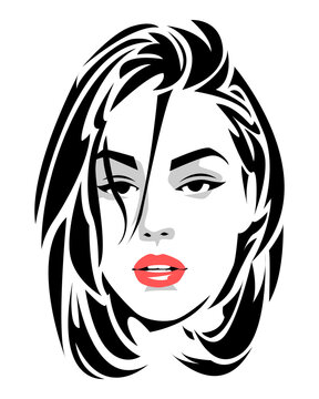 black and white portrait of a beautiful young woman with short hair. front view. abstract hair. isolated white background. vector flat illustration.