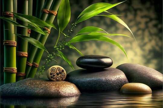 Bamboo and stones in a wellness spa. Generative AI. Zen Stones and