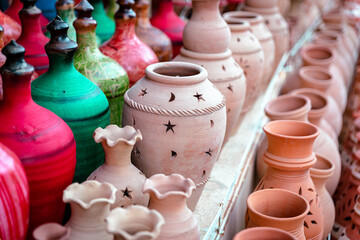 Fototapeta na wymiar Omani Souvenirs. Hand Made Pottery in Nizwa Market. Clay Jars at the Rural Traditional Arabic Bazaar, Oman. Arabian Peninsula. 