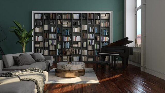 Living Room Interior With Grand Piano, Corner Sofa, Marble Coffee Table And Bookshelf