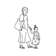 Mom holds her little daughter by the hand. Vector illustration of a woman with a child in the style of doodles.