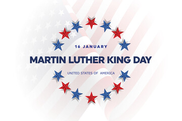 Martin Luther King Jr Day greeting card - horizontal blue and red background banner with US flag. Vector Illustration.