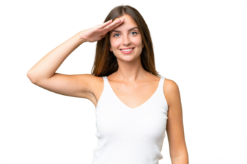 Young pretty woman over isolated background saluting with hand with happy expression