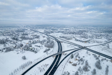Aerial winter snowy day view of frozen streets in Vilnius, Lithuania