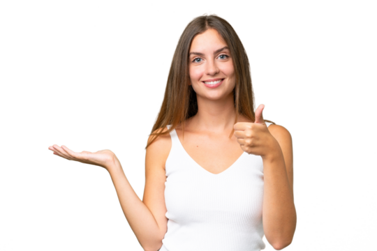 Young pretty woman over isolated background holding copyspace imaginary on the palm to insert an ad and with thumbs up