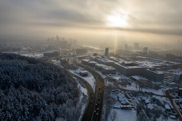 Fototapeta na wymiar Aerial winter snowy day view of frozen Vilnius, Lithuania