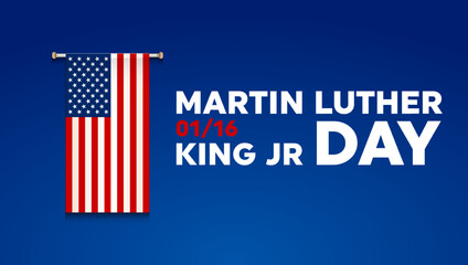Martin Luther King Jr Day greeting card - horizontal blue and red background banner with US flag. Vector Illustration.