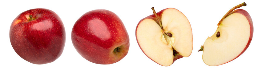 Red apples, halves, and slices isolated, transparent png, collection, PNG format, cut out.