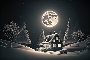 A house in a snowy Christmas landscape at night. Generative AI