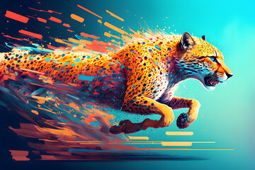 Illustrative surreal design of a cheetah running at high speed. Multicolored painting. Generative AI.