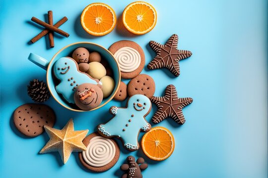 Christmas background. Group of gingerbreads, cinnamon, orange, toys and cup of hot chocolate on light blue background. Selective focus. Top view. Generative AI