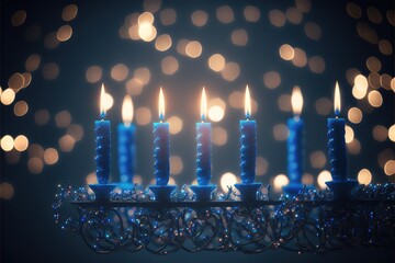 Burning blue candles on a Jewish menorah at Hanuka. Generative AI