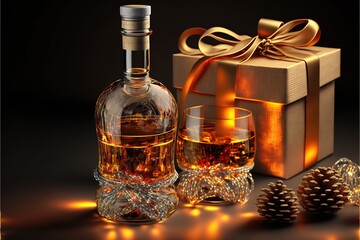 Obraz na płótnie Canvas christmas decoration with glass of whiskey or cognac, christmas candles, tree and gift box on a sparkling background. New Year decoration. Generative AI